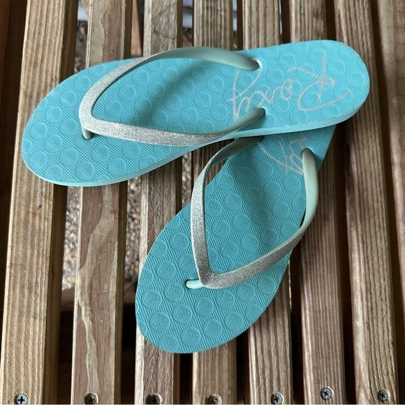 Roxy Women's Lumina Lite Turquoise Blue Silver Flip Flops Thongs 8 Sandals - Picture 3 of 8